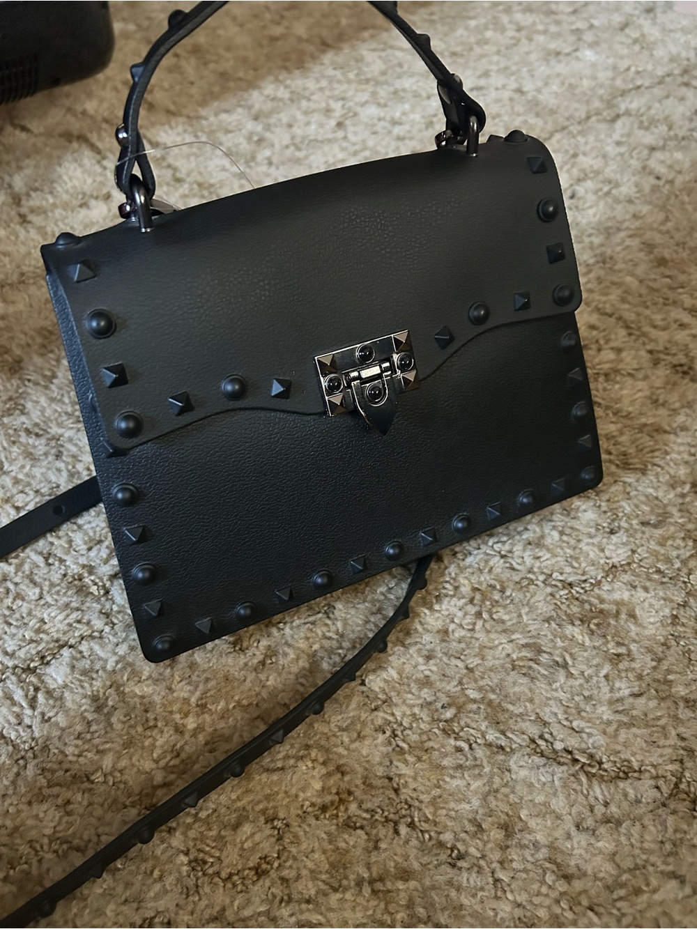 Black Studded Rubber Jelly Gothic Crossbody Handle Bag Purse